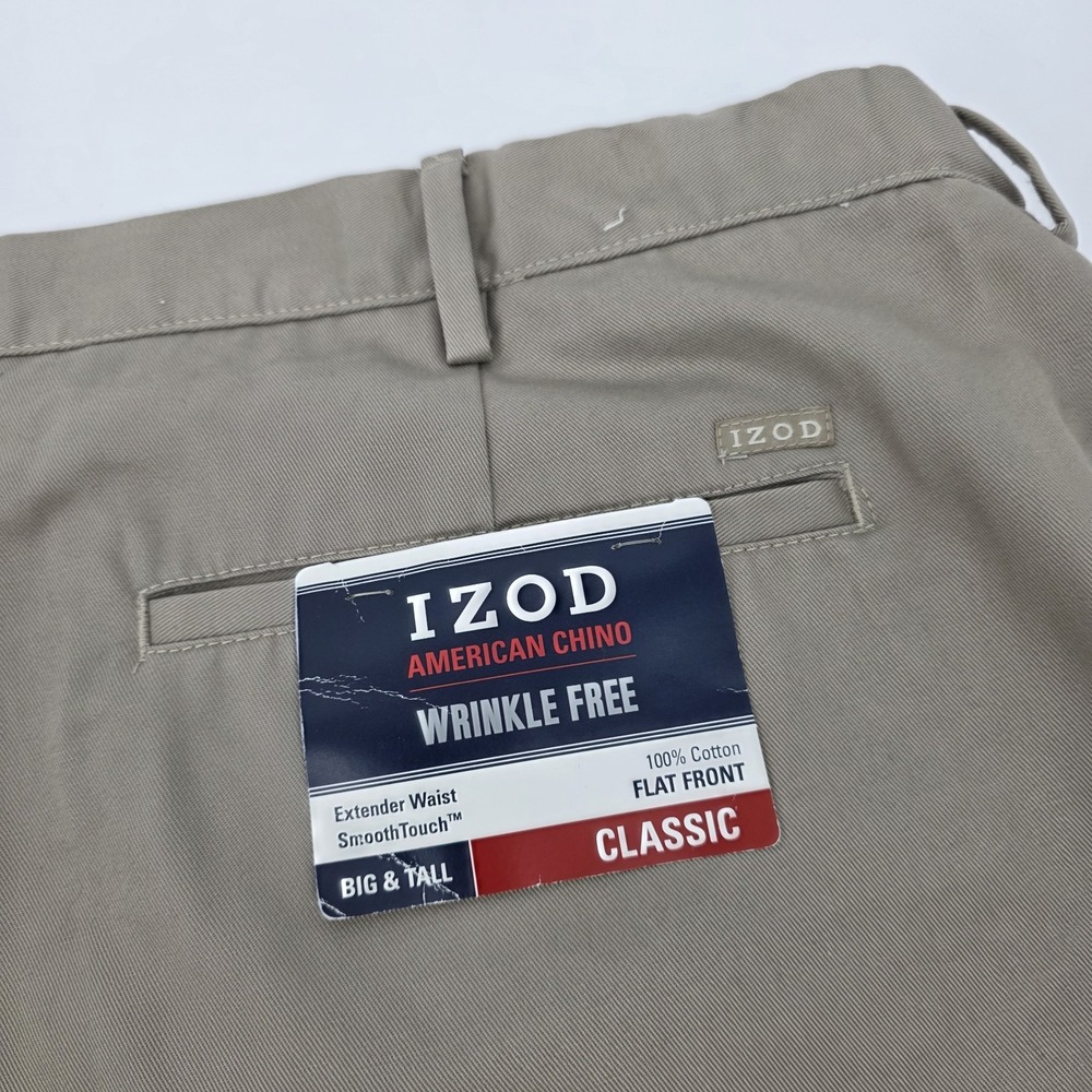 IZOD American Chino Mens 48x29 Flat Front Pants Khaki Classic Fit New, Cotton